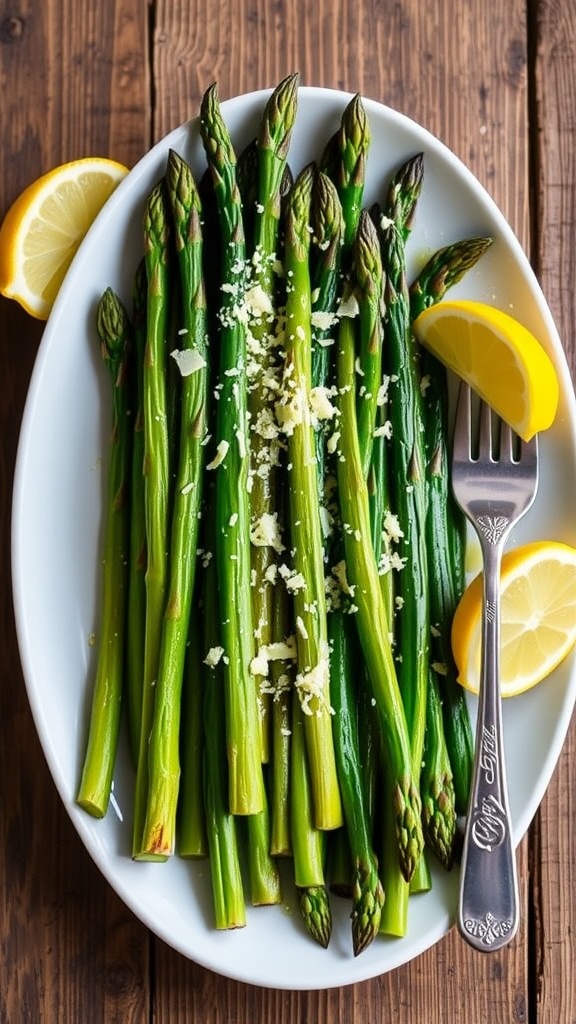 Crispy oven-roasted asparagus garnished with Parmesan cheese and lemon slices on a rustic table.